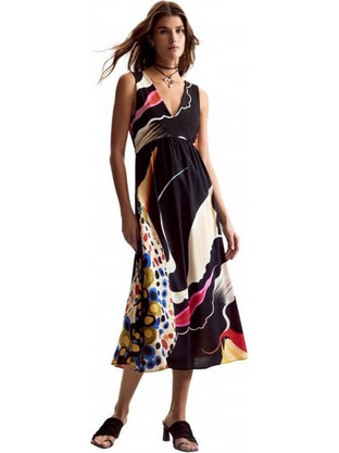 Desigual Midi Καλοκαιρινό Βραδινό Φόρεμα Μεταξωτό Μαύρο 26SWVW60-2000