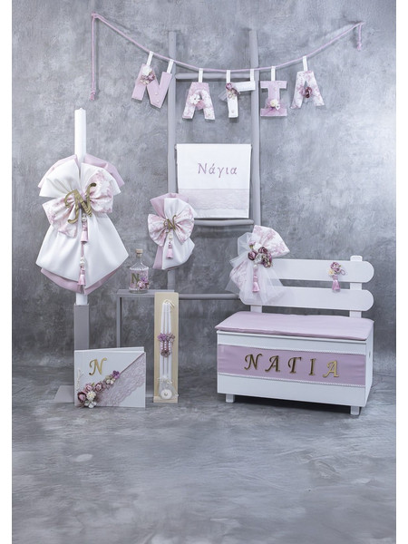 Loukia Σετ Βάπτισης με Παγκάκι για Κορίτσι Floral & Pearl ΣΒ-Λ-745-26