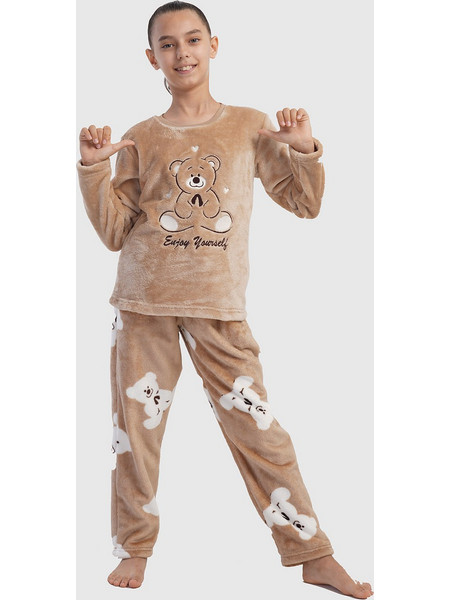 Vienetta Secret Enjoy Yourself Παιδική Πιτζάμα Fleece Χειμωνιάτικη Μπεζ Καφέ 403125