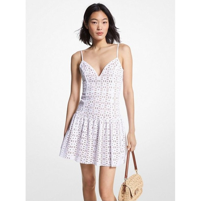 MICHAEL MICHAEL KORS Womens Coral Eyelet Zippered Lined Ruffled Sleeveless Round Neck Mini Fit + Flare Dress