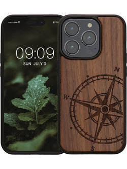 KWmobile Σκληρή Ξύλινη Θήκη με TPU Bumper - Apple iPhone 15 Pro - Walnut / Navigational Compass (62013.01)
