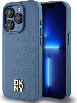 DKNY Leather Monogram Pattern Metal Logo MagSafe Case for iPhone 15 Pro - Blue