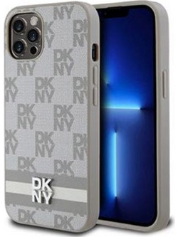 DKNY PU Leather Checkered Pattern & Stripe Θήκη Δερματίνης για iPhone 12 / 12 Pro Μπεζ