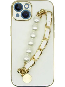 Vivid Silicone Pearl Chain Holder Back Cover White / Gold (iPhone 13)