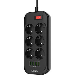 Πολύπριζο Ldnio με 6 πρίζες, 4 θύρες USB-A, διακόπτη και καλώδιο 2m
