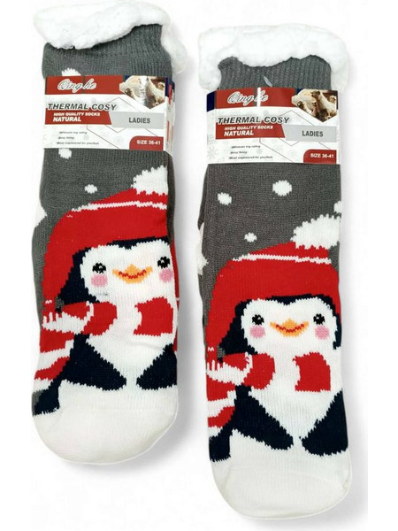 Κάλτσες Χριστουγεννιάτικες Αντιολισθητικές με Γούνα Πιγκουινάκι