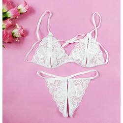 White Bra+Underwear+Socks Open See-Through Bra Panty Set os