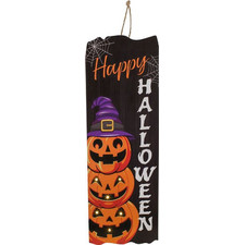 Halloween Κρεμαστό Διακοσμητικό Ξύλινο Μαύρο Κολοκύθες με LED Happy Halloween 20x0.8x30cm