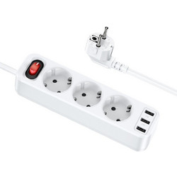 Hoco NS2 Πολύπριζο 3 Θέσεων με Διακόπτη, 3 USB και Καλώδιο 1.8m Λευκό Λευκό Πολύπριζο