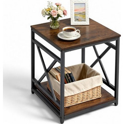VEVOR End Table, Πλαϊνό Τραπέζι 2 επιπέδων με ανοιχτά ράφια αποθήκευσης, Κομοδίνο μοντέρνο κομοδίνο με μεταλλικό σκελετό X-Design, Ξύλινος καναπές σαλονάκι, υπνοδωμάτιο, γραφείο, κοιτώνας, καφέ
