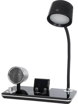 GLOBOSTAR(R) OLDY 76563 Μοντέρνο Επιτραπέζιο Φωτιστικό Γραφείου με Ασύρματη Φόρτιση 15W 3A, 5W Bluetooth Ηχείο & Ψηφιακό Ρολόι LED 3W 300lm 120 DC 5V με USB-C IP20 Ρυθμιζόμενο Λευκό CCT με Αφή 2700K/4