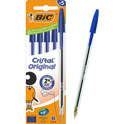 BIC στυλό διαρκείας ballpoint Cristal Original, 1mm μύτη, μπλε, 5τμχ