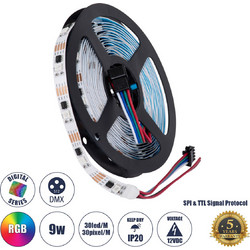 DIGIPRO 90599 Ψηφιακή Pixel Addressable Ταινία LED 9W/m 540lm/m 120 DC 12V IP20 30 x SMD5050 Chip/m 30 x Pixel/m RGB Dimmable SPI/TTL Protocol IC TM1908 - Sanan SMD Chip - Μ500 x Π1 x Υ0.2 - Ρολό 5 Μέ