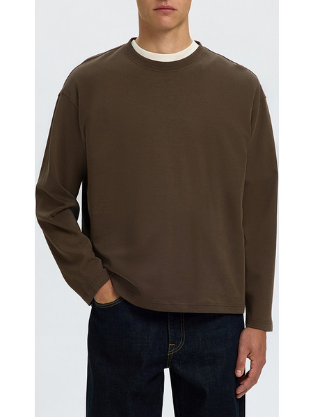 SELECTED SLMTAJ HEAVY LS O-NECK TEE 16102312-Turkish Coffee Brown