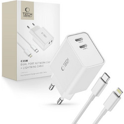 Tech-Protect C35W Φορτιστής με Καλώδιο Lightning με 2 Θύρες USB-C 35W Power Delivery White