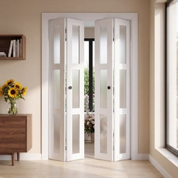 Πόρτα Ντουλάπας VEVOR Bifold 4-Πάνελ, 1219 mm (Τέσσερα 305 mm) x 2032 mm, Πόρτα Αχυρώνα Bifold με 3 Φωτισμένα Ματ Γυάλινα Πάνελ και Μεταλλικό Σετ Εξαρτημάτων & Ανθεκτικό Σύνθετο Πλαίσιο, Μοντέρνα Στιλ