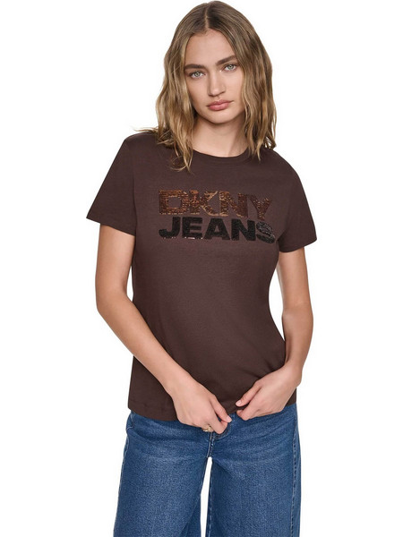 DKNY γυναικείο T-shirt με παγιέτα στο λογότυπο Regular Fit - DJ6T1846 Καφέ