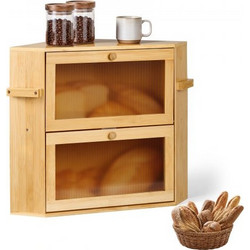 VEVOR Corner Bread Box for Kitchen Counter Bamboo Wood Container Natural, for Homemade Bread, Under Cabinet, and Pantry, Double Layer Farmhouse Breadbox Bin, with Acrylic Door Panel and Air Vents MBHY