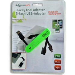 USB Αντάπτορας 3 way για Smartphones iPhone 4/5/6, Micro USB και Samsung σε μέγεθος τσέπης, Compu parts 22787 Χρώμα Πράσινο - Compu Parts
