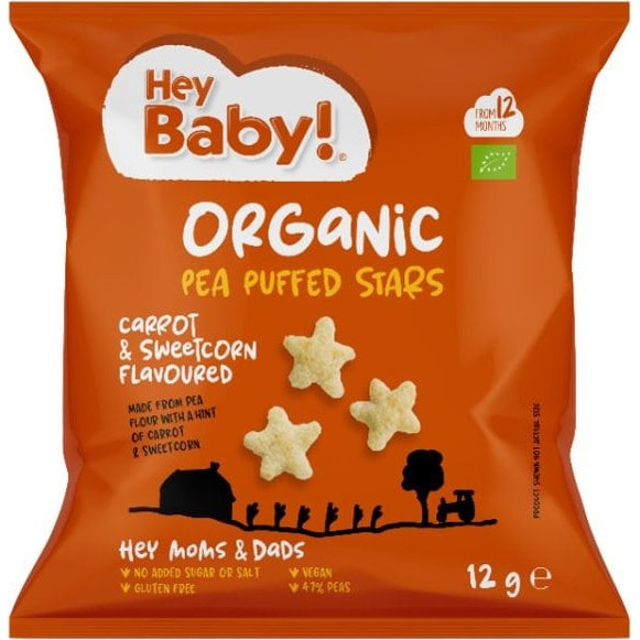 Puffed Stars Hey Baby Organic Pea Puffed Stars Βιολογικό Σνακ Καλαμποκιού Καρότο ...