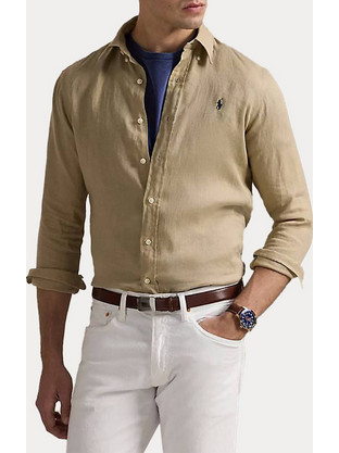 Ralph Lauren Ανδρικό Πουκάμισο Λινό Μακρυμάνικο Κανονική Γραμμή Μπεζ 710966294-001