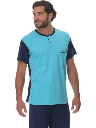 PNN Nightwear Καλοκαιρινές Ανδρικές Πιτζάμες Βαμβακερές με Κουμπιά Μπλε 0251-0418-2