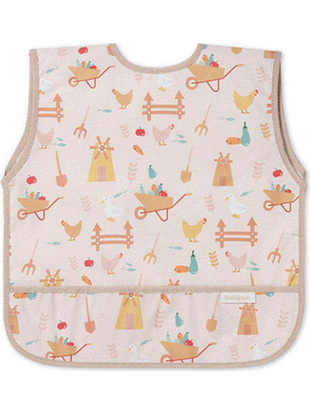 BabyOno Apron Farmer Αδιάβροχη Σαλιάρα Ποδιά Υφασμάτινη με Αυτοκόλλητο Τσέπη & Μανίκια 6m+ Μπεζ