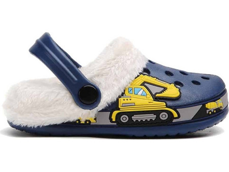 Childrenland Excavator Ανατομικές Χειμερινές Παιδικές Παντόφλες για Αγόρι με Γούνα Navy Μπλε Κίτρινες Λευκές CHI1524