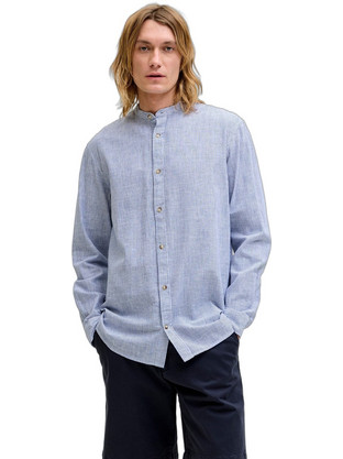 Jack & Jones Ανδρικό Πουκάμισο Λινό Μακρυμάνικο Κανονική Γραμμή με Mao Γιακά Γαλάζιο 12289184