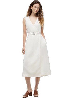 Tommy Hilfiger Midi Καλοκαιρινό Βραδινό Φόρεμα Κρουαζέ Λινό Λευκό WW0WW48951-YA8