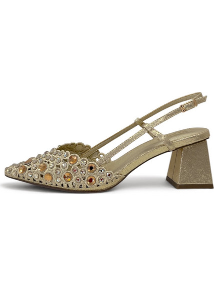 Menbur Γόβες Slingback Δερμάτινες με Χοντρό Χαμηλό Τακούνι & Στρας Χρυσές AM70100
