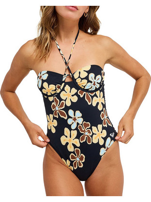 Roxy Nostalgic Feel Ολόσωμο Μαγιό Strapless Floral Μαύρο Γαλάζιο Κίτρινο ERJX103794-KVJ8