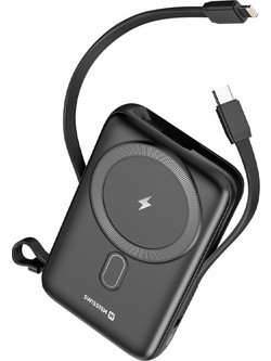 Swissten 22013933 Wireless Magsafe Power Bank 10000mAh 22.5W με Ενσωματωμένα Καλώδια USB-C & Lightning Black