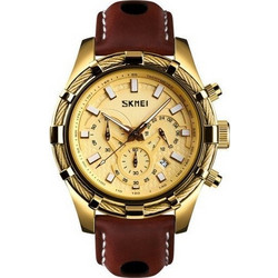 Skmei Ανδρικό Ρολόι με Καφέ Δερμάτινο Λουράκι 9189 Gold
