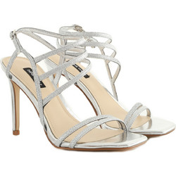Nine West ZANA3 Γυναικεία Πέδιλα Δερμάτινα Ασημί με Λεπτό Ψηλό Τακούνι