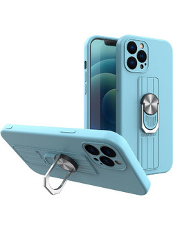 Ring Case silicone case with finger grip and stand for iPhone 12 mini light blue