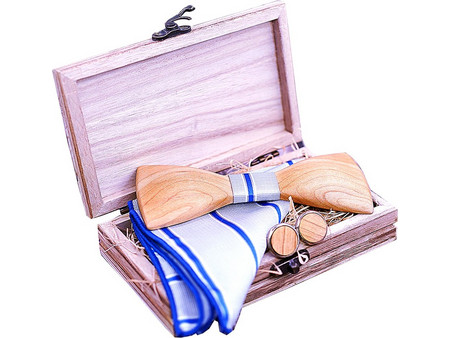 Legend - LGD-WT-349 - Set Wooden Bow Ties Pocket Square and Cufflinks - Blue - ΠΑΠΙΓΙΟΝ - light blue