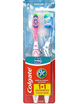 Colgate Max White Medium Οδοντόβουρτσες 2τμχ Ροζ Μπλε