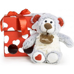 Αρκουδάκι Γκρι Μέσα σε Κόκκινο Κουτί Happy Valentines Λούτρινο 25cm