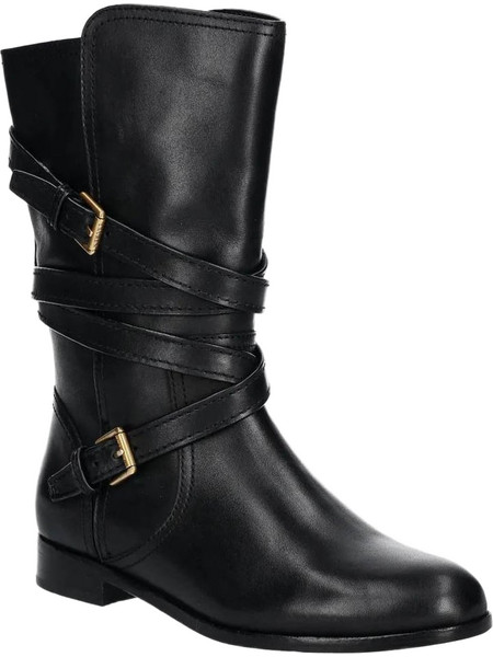 LAUREN RALPH LAUREN WOMAN ΜΠΟΤΕΣ ΜΑΥΡΟ 100% ΔΕΡΜΑ ΜΕ ΔΙΑΚΟΣΜΗΤΙΚΑ ΡΥΘΜΙΖΟΜΕΝΑ ΛΟΥΡΑΚΙΑ ΣΤΟ ΠΛΑΙ ΚΑΙ ΤΟ LOGO ΤΟΥ ΟΙΚΟΥ ΣΤΟ ΠΙΣΩ ΜΕΡΟΣ ΚΑΝΟΝΙΚΗ ΓΡΑΜΜΗ
