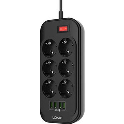 Ldnio SE6403 Πολύπριζο Ασφαλείας 6 Θέσεων με Διακόπτη, 4 USB και Καλώδιο 2m - Μαύρο
