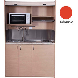 Πολυκουζίνα mini kitchen 140cm απόχρωση κόκκινη με δεξιά γούρνα για ξενώνες, γραφεία & φοιτητικά studio