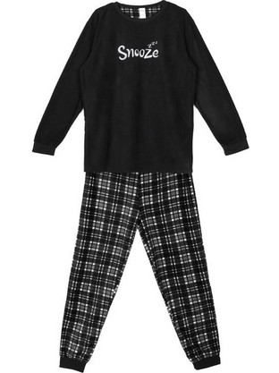 Πυτζάμες Ανδρικές Χειμερινές Fleece Μαύρο Γκρι Καρό Snooze