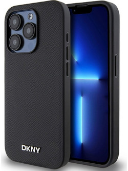 DKNY PU Leather Silver Metal Logo Magsafe Case for iPhone 15 Pro Black - (DKHMP15LPGHLMK)