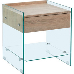 GLASSER Wood Κομοδίνο Διάφανο Γυαλί 10mm - με Συρτάρι Απόχρωση Δρυς