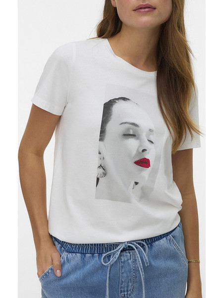 VERO MODA VMJAMAICA S/S T-SHIRT JRS BTQ 10341639-Snow WhiteLIPSRHINESTONES White
