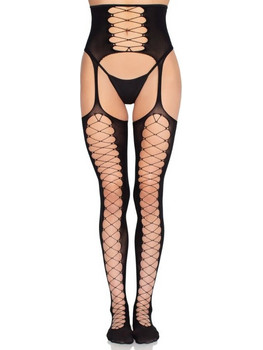 LEG AVENUE - 1968 STOCKINGS WITH ATTACHED GARTER BELT BLACK - ONE SIZE
