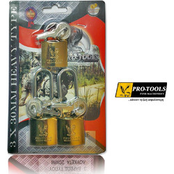 Pro-Tools Σετ Λουκέτων - 2 Μακρύ + 1 Κοντό 30mm, Κοινό Κλειδί, Αντικλεπτικός Μηχανισμός & Ατσάλινος Λαιμός