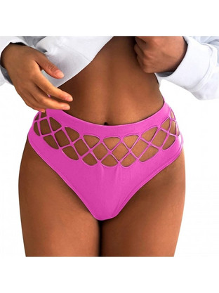 High Waist Elastic Thong Bikini, Neon Pink