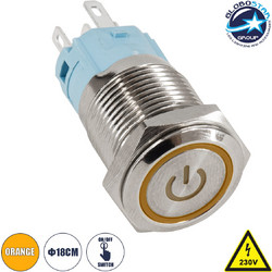 GloboStar(R) 70774 LED Φωτιζόμενος Διακόπτης Χωνευτός - Μπουτόν On/Off Ανοξείδωτος AC 220-240V Αδιάβροχο IP67 Φ18mm με Angel Eye Πορτοκαλί